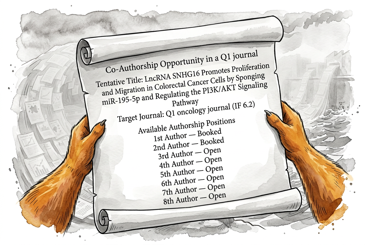 Two squirrel paws hold open a scroll advertising co-authorship positions on a fabricated cancer paper, six of eight still available.