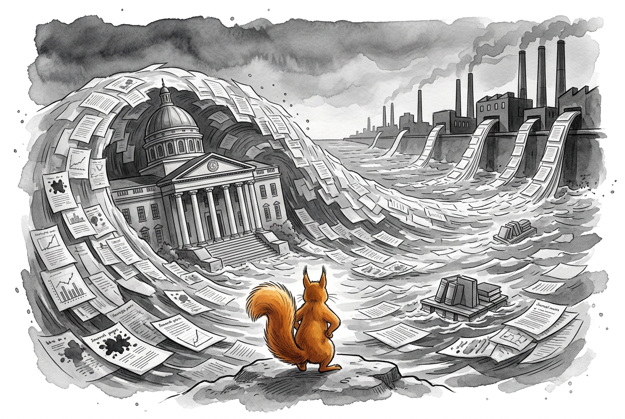 A small squirrel stands on a rock, paws on hips, watching a wave of research papers engulf a university building while factories pour out more.